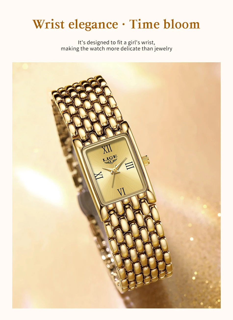 LIGE Gold Watch for Women Square Ladies Quartz Wristwatches Stainless Steel Women Small Gold Watch Luxury Casual Fashion Watch