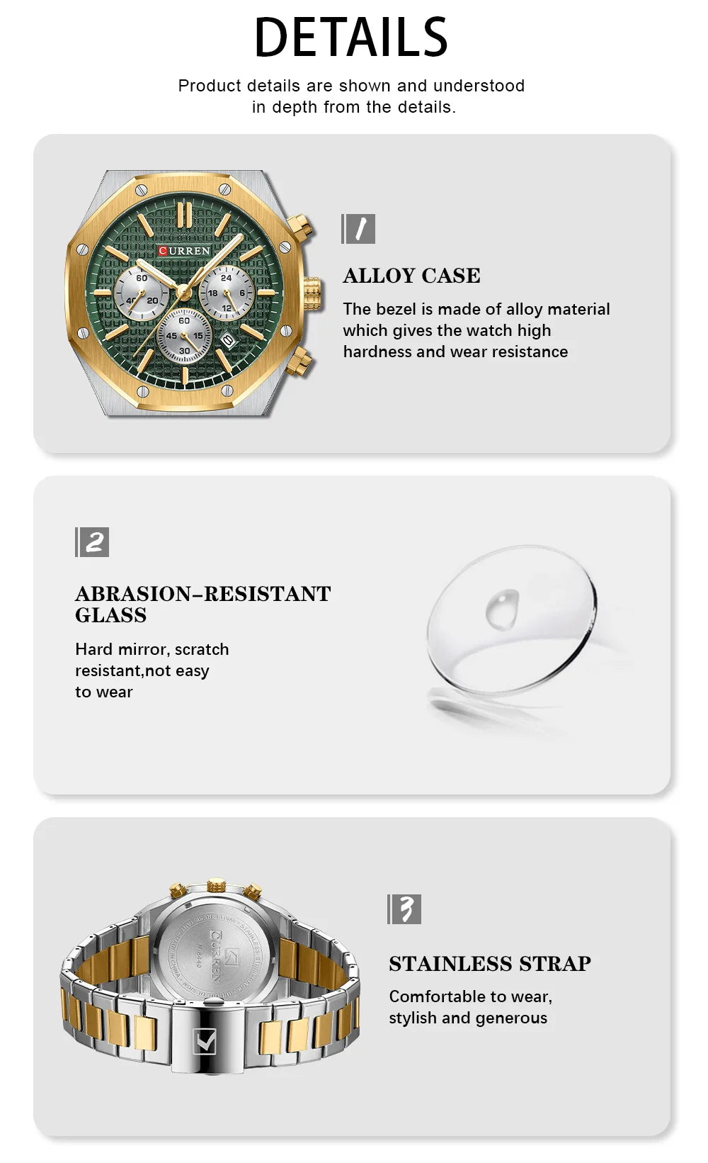 CURREN 8440 Fashion Men's Quartz Watch Multifunction Chronograph Calendar Luminous Wrsitwatch Casual Sports Watches for Man