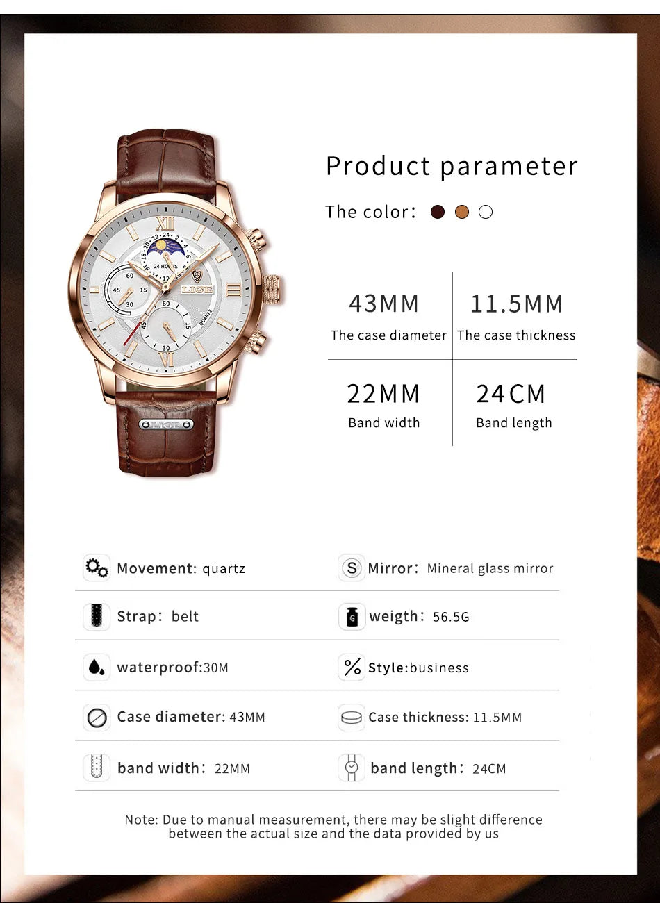 LIGE New Mens Watches Top Brand Luxury Brown Leather Casual Quartz Watch Men Sport Waterproof Clock Watch Relogio Masculino