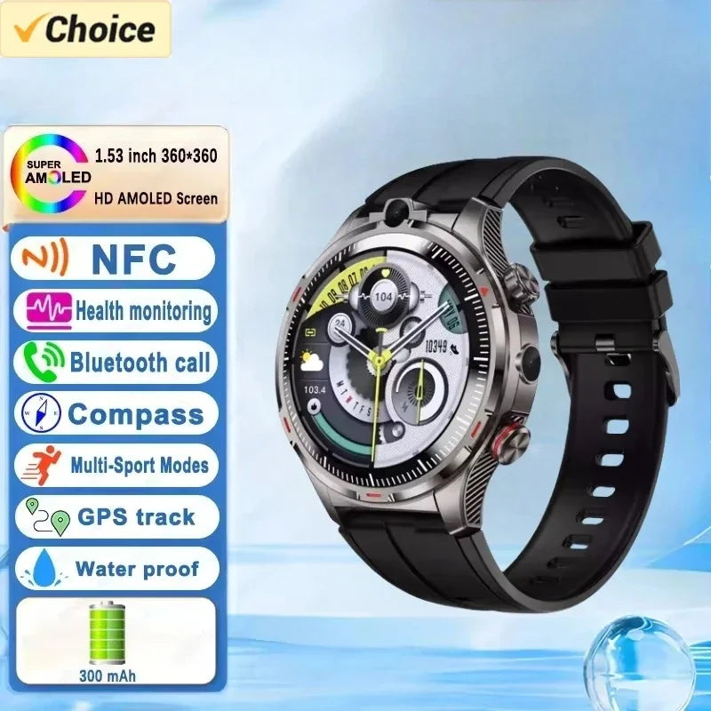 LW12 4G Smart Watch for Men with SIM Card 1.43 inch AMOLED Display  Android Dual Camera & GPS WiFi Support Apps Download