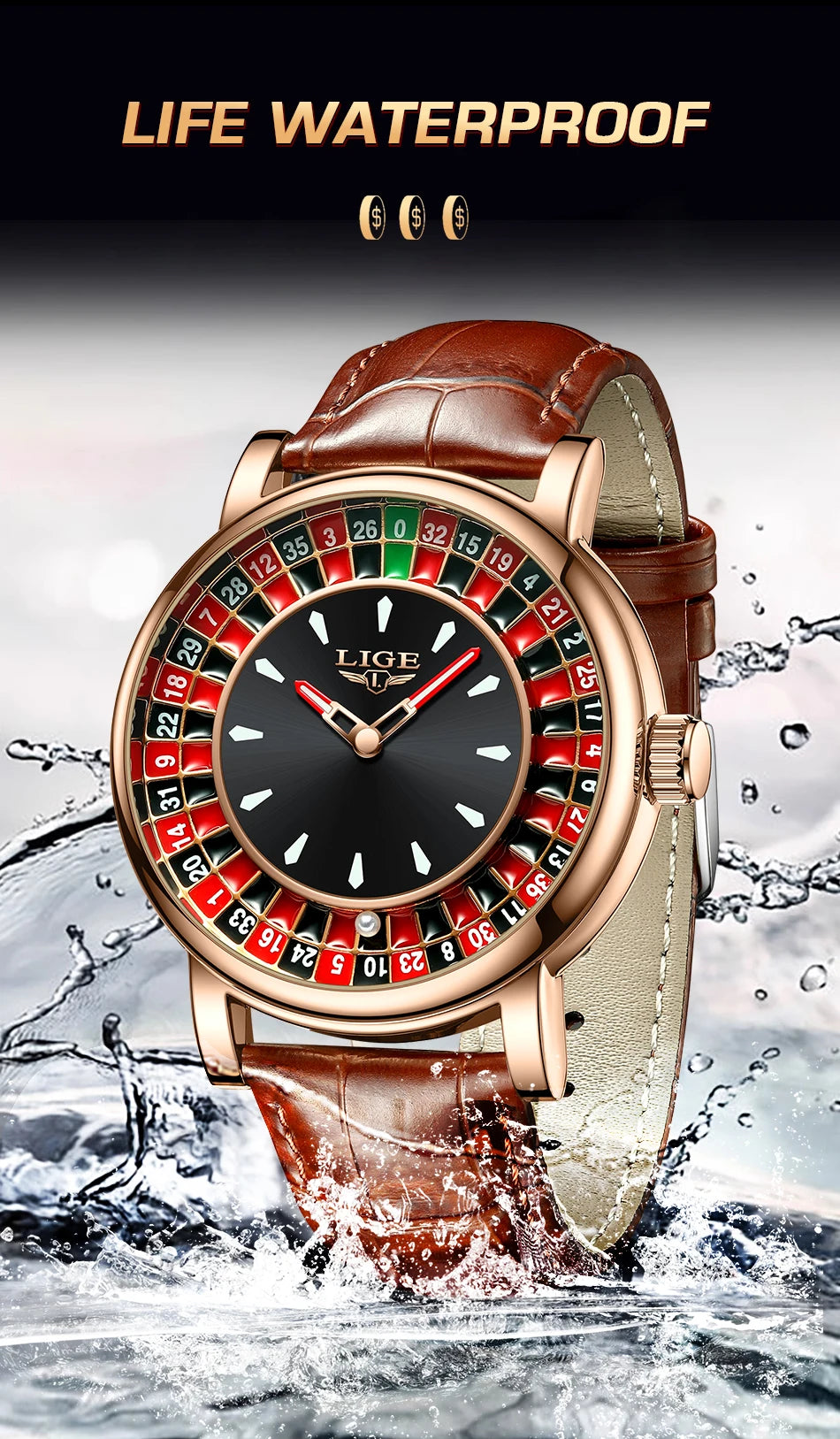 LIGE 2025 NEW mens watch Featured Dial Las Vegas Roulette Table Desk Theme waterproof quartz watches for men reloj hommes+BOX