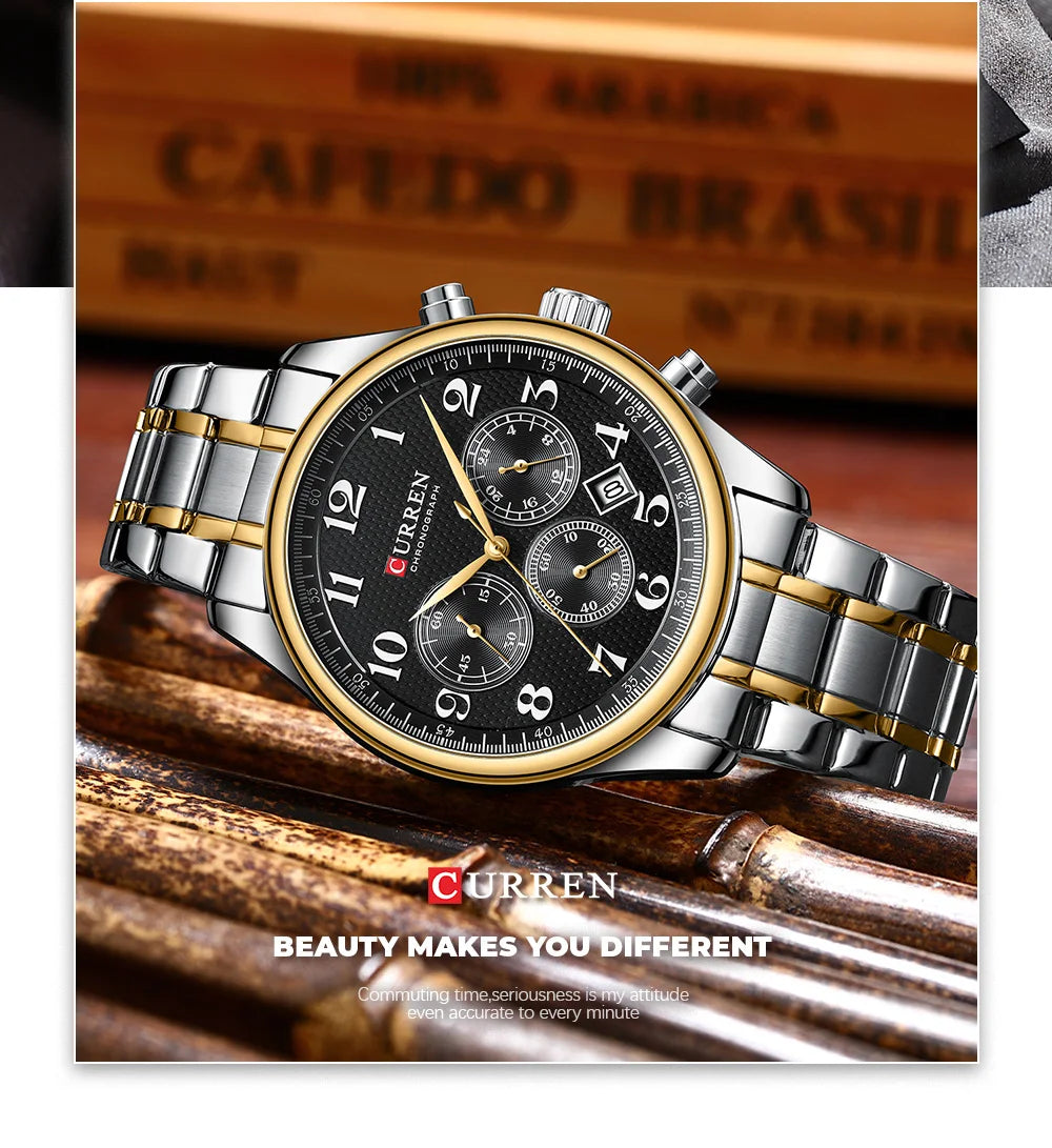 CURREN Men's Watches Luxury Brand Quartz Wristwatch - Chronograph Round Dial with Auto Date, Waterproof