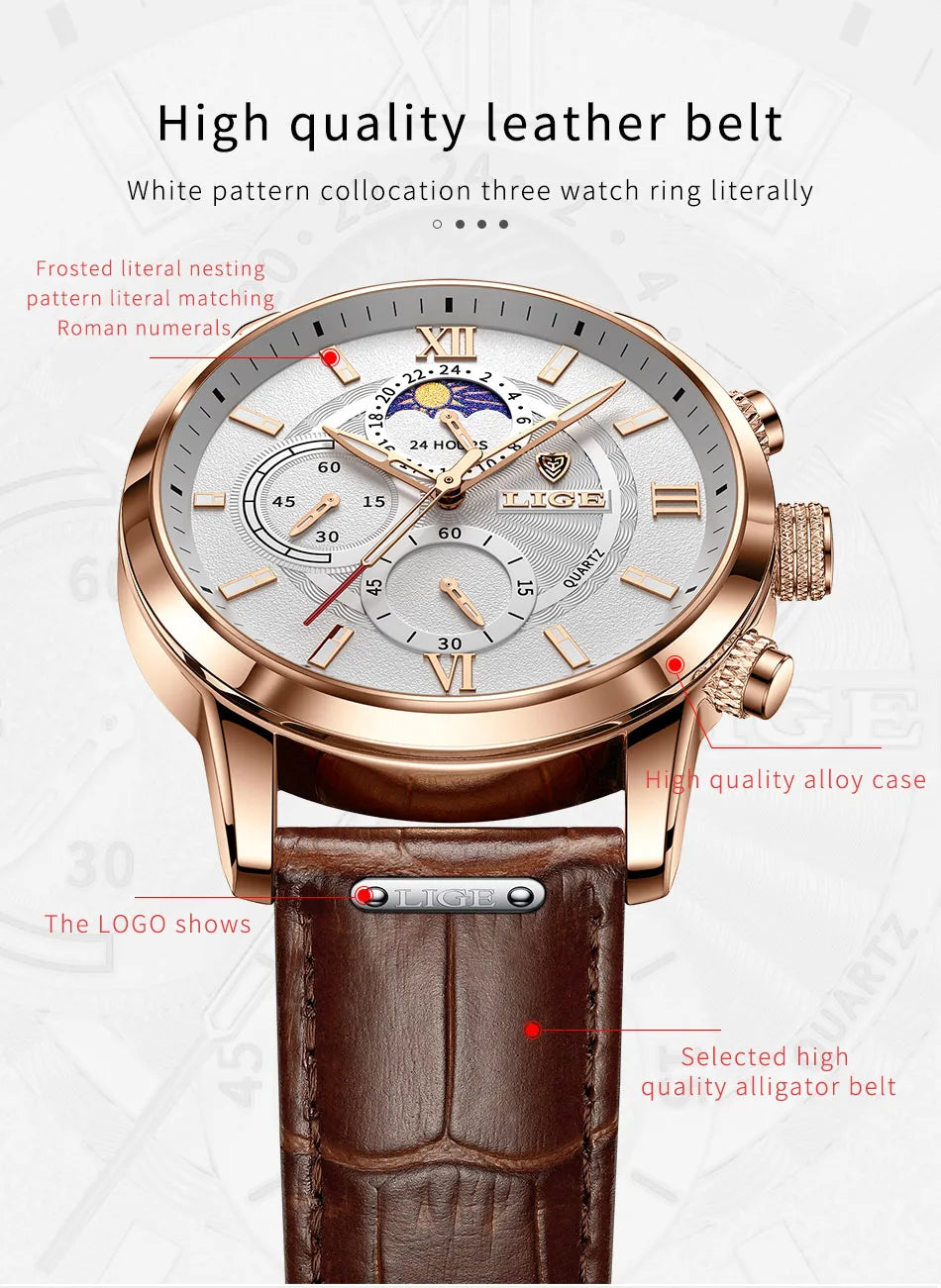 LIGE New Mens Watches Top Brand Luxury Brown Leather Casual Quartz Watch Men Sport Waterproof Clock Watch Relogio Masculino