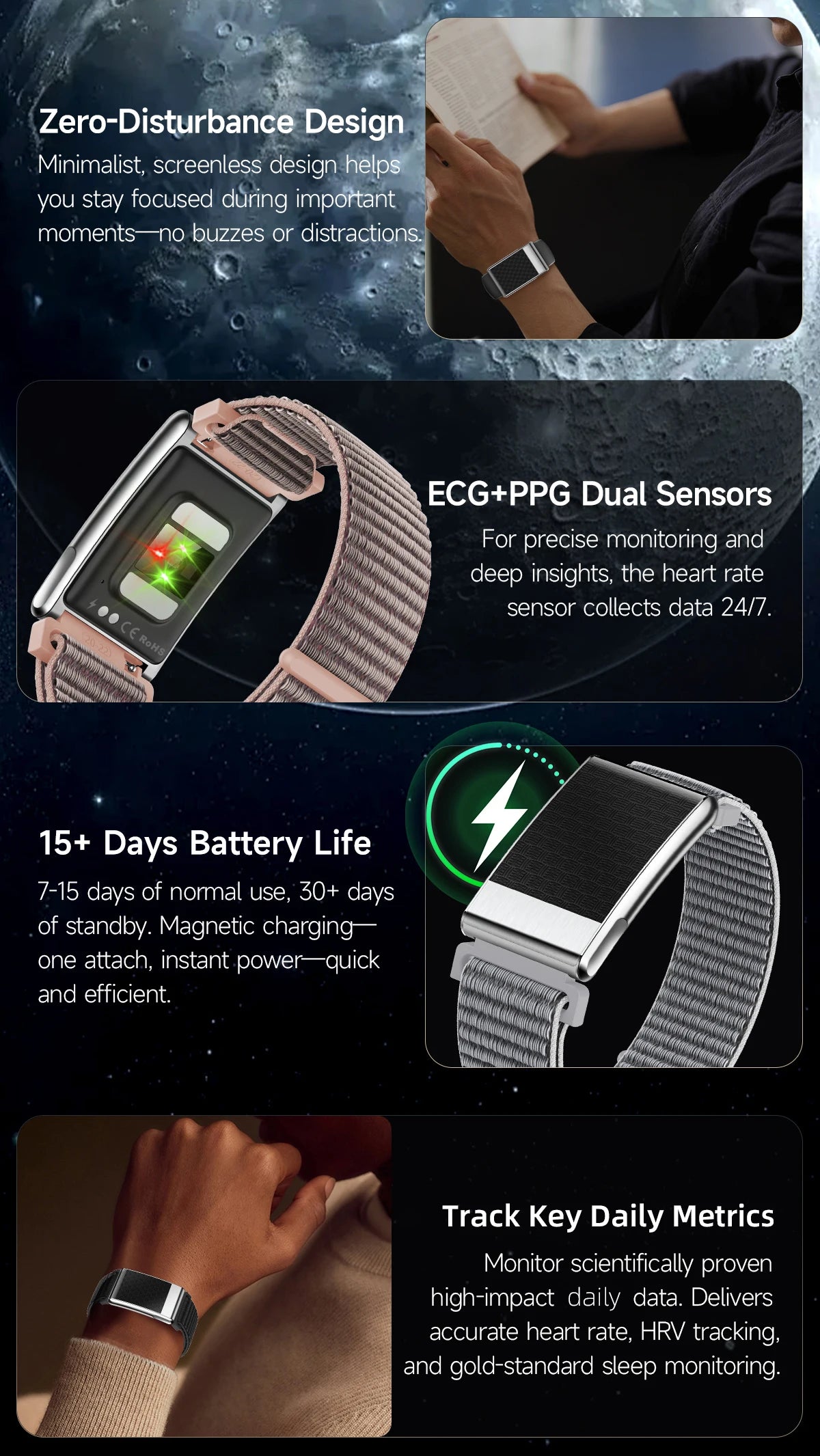 LIGE ECG Smart Watch for Men  Women Sports Fitness Temperature Health Monitoring Waterproof Wristbands No Screen Smart Bracelet