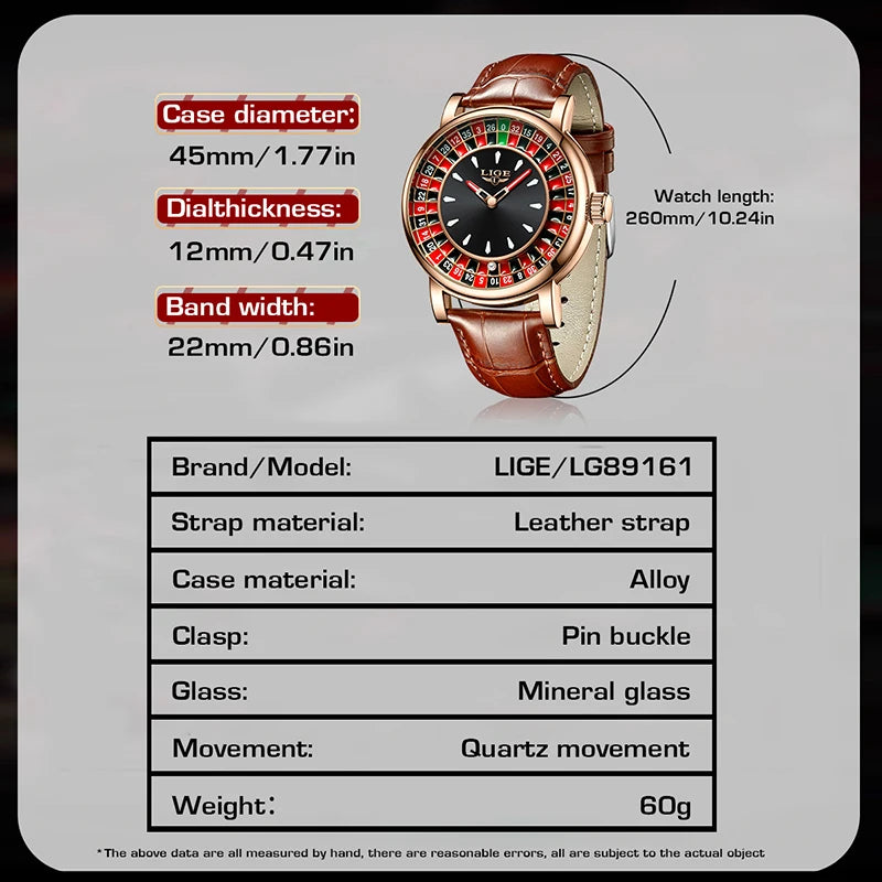 LIGE 2025 NEW mens watch Featured Dial Las Vegas Roulette Table Desk Theme waterproof quartz watches for men reloj hommes+BOX