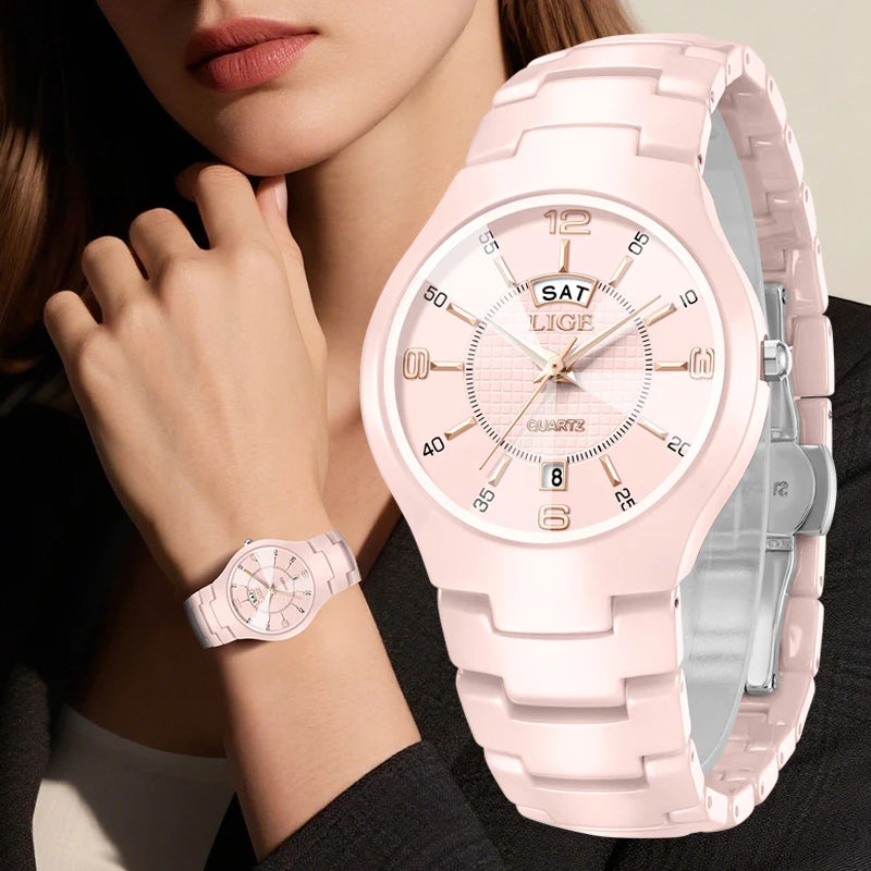 LIGE 2026 Elegant Ceramic Womens Watch Luxury Fashion Quartz Wristwatches Waterproof Date Week Watches Ladies Gifts Reloj Mujer