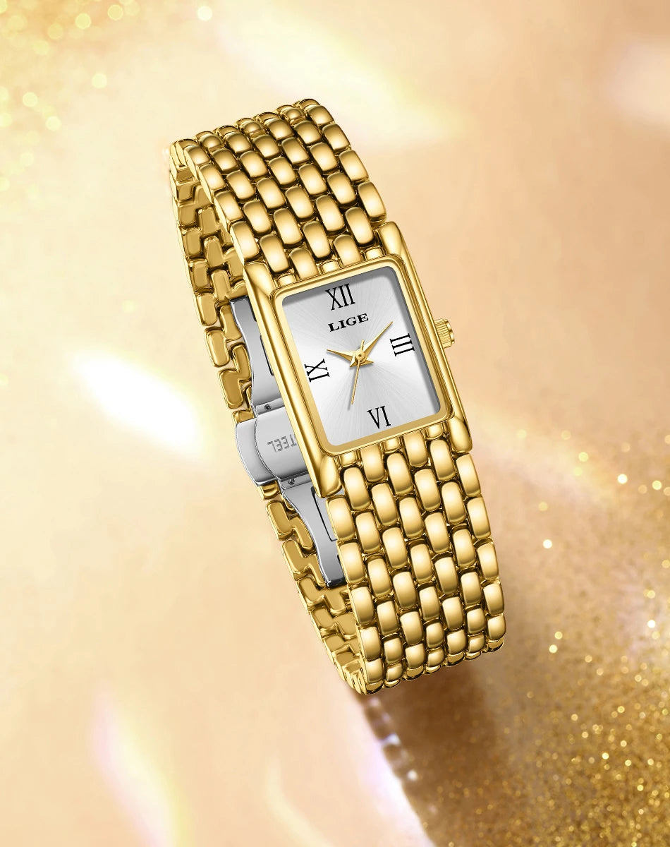 LIGE Watch Women Fashion Casual Luxury Womens Waterproof Square Dial Steel Belt Quartz Wrist Watches Christmas Gifts Reloj Mujer