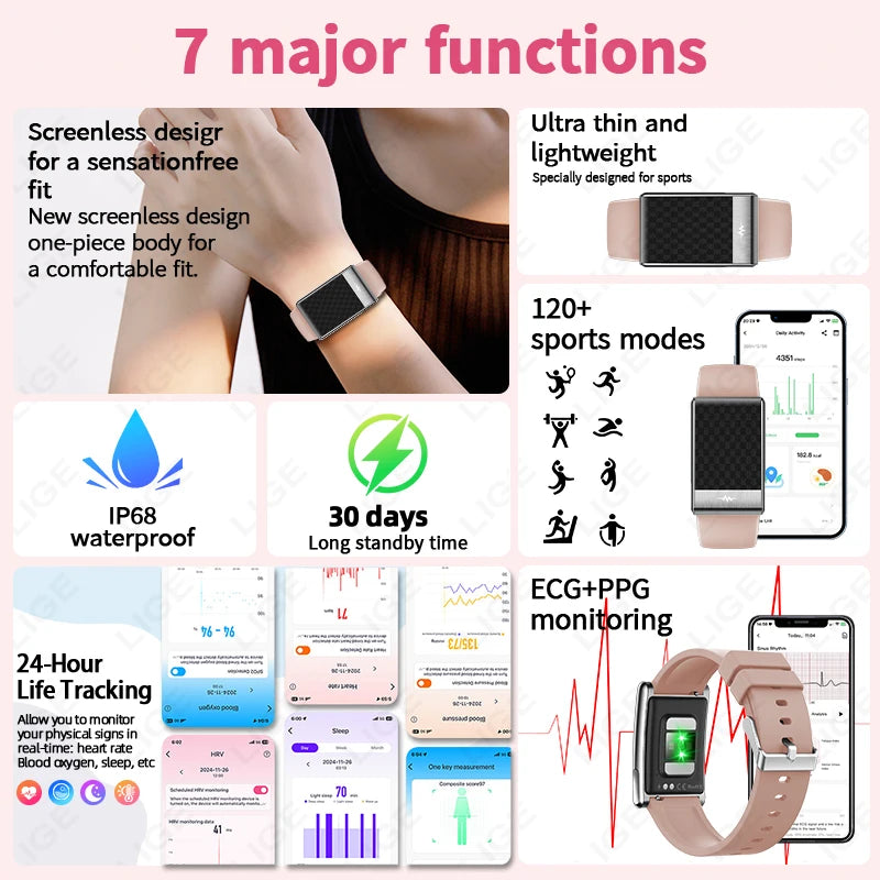 LIGE ECG Smart Watch for Men  Women Sports Fitness Temperature Health Monitoring Waterproof Wristbands No Screen Smart Bracelet