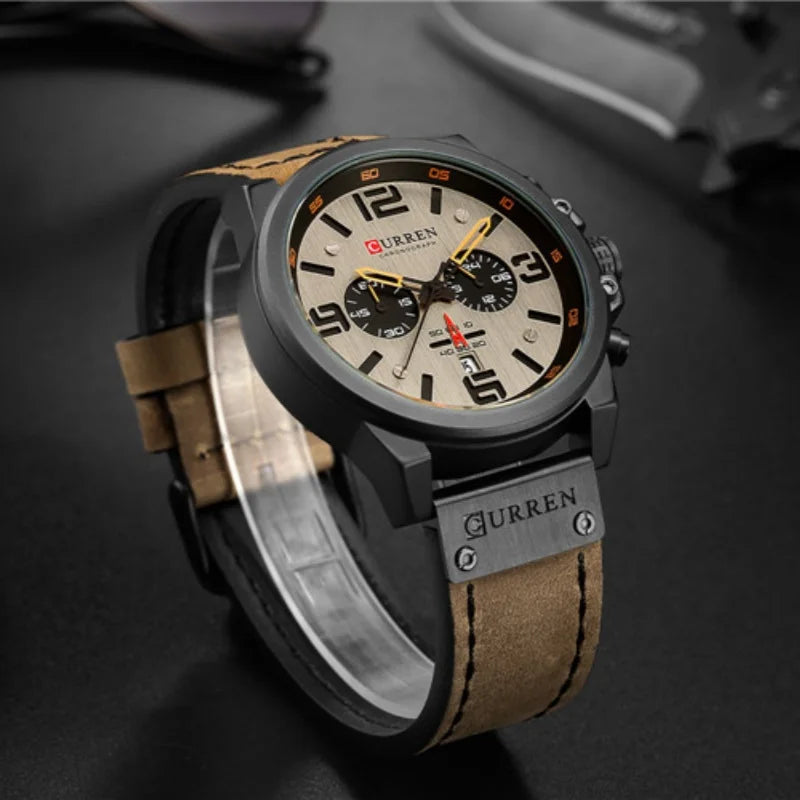 CURREN 8314 Men's Quartz Watch New Fashion Multi-function Chronograph Clock Leather Strap Calendar Simple Sports Watches for Men
