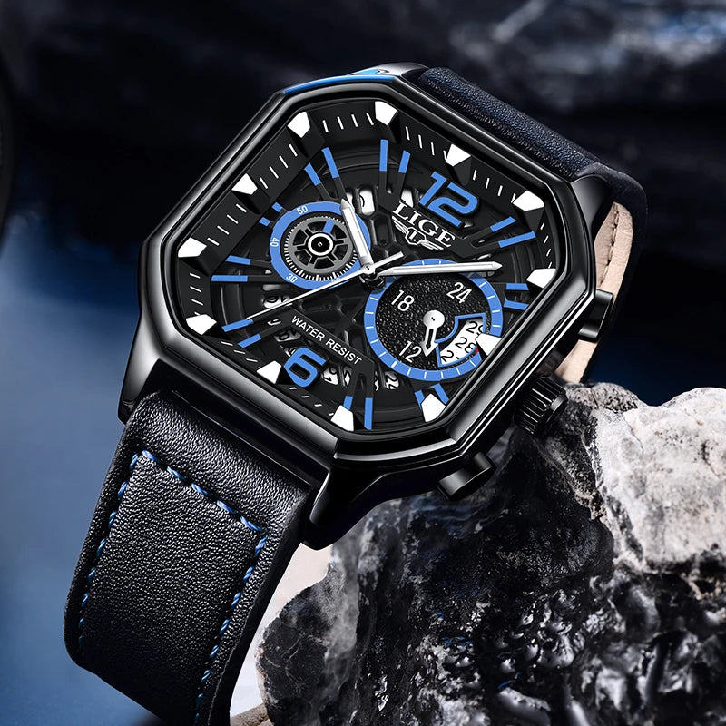 LIGE Fashion Mens Watch Leather Clock Brand Luxury Sport Chronograph Quartz Watches For Men Wrist Watch Relogios Masculino+Box