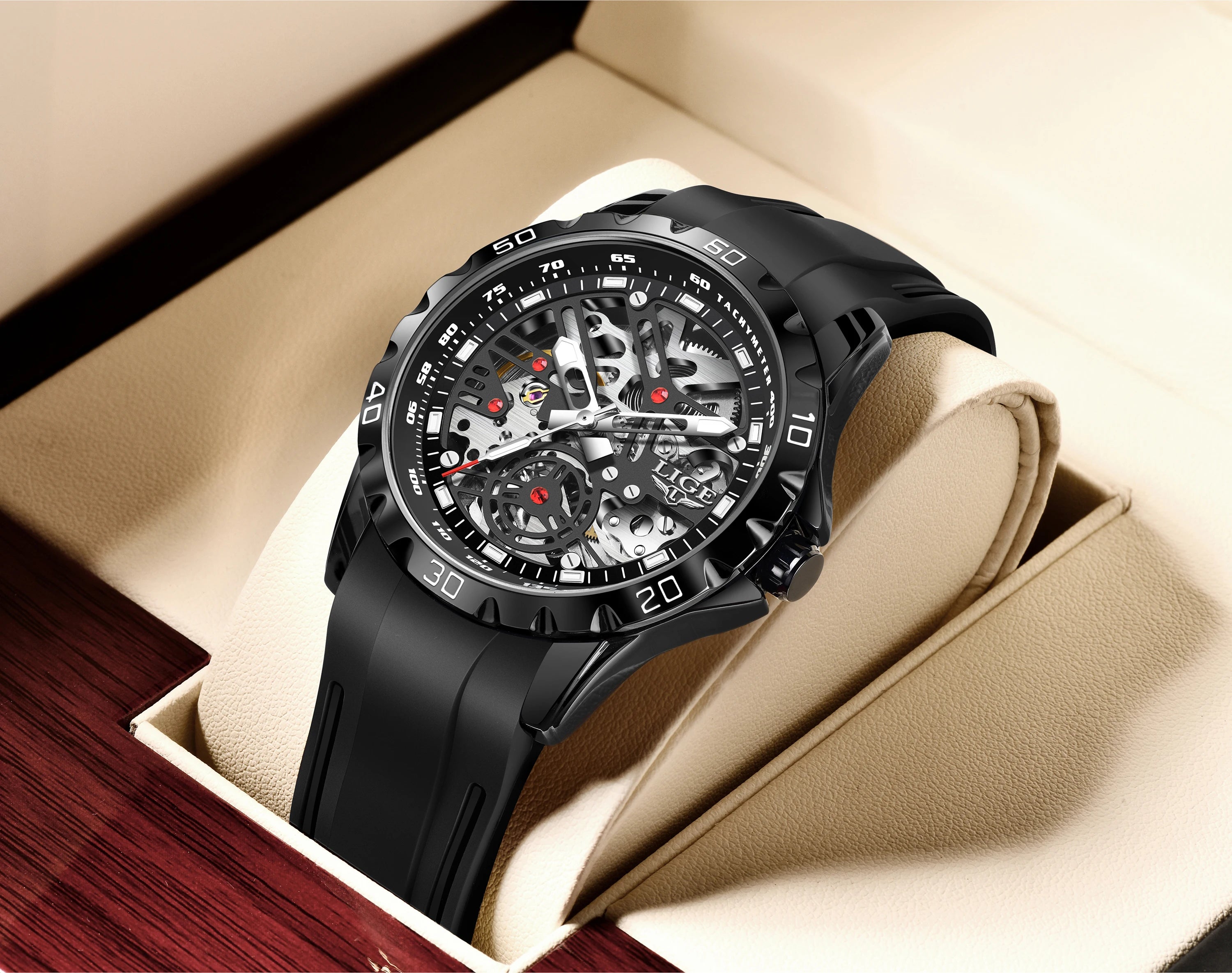 LIGE Luxury Men  Automatic Mechanical Watch Luminous Hollowed Movement Waterproof Luminous Mechanical wristwatches  Reloj Montre