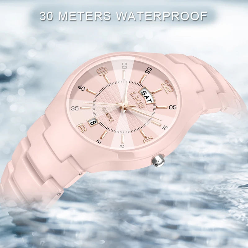 LIGE 2026 Elegant Ceramic Womens Watch Luxury Fashion Quartz Wristwatches Waterproof Date Week Watches Ladies Gifts Reloj Mujer