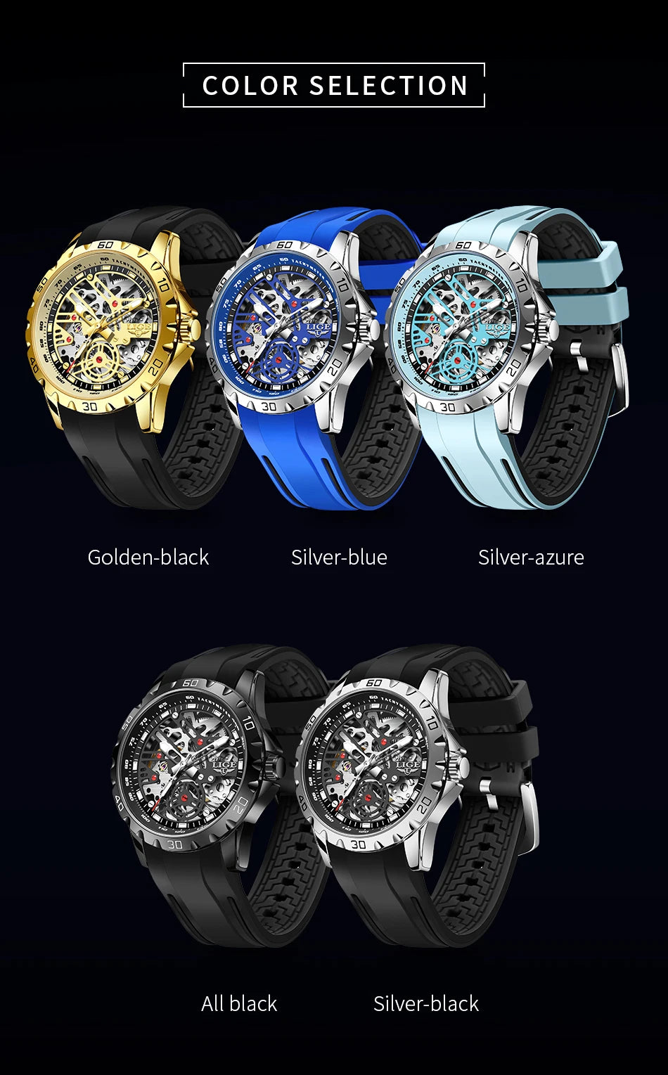LIGE Luxury Men  Automatic Mechanical Watch Luminous Hollowed Movement Waterproof Luminous Mechanical wristwatches  Reloj Montre