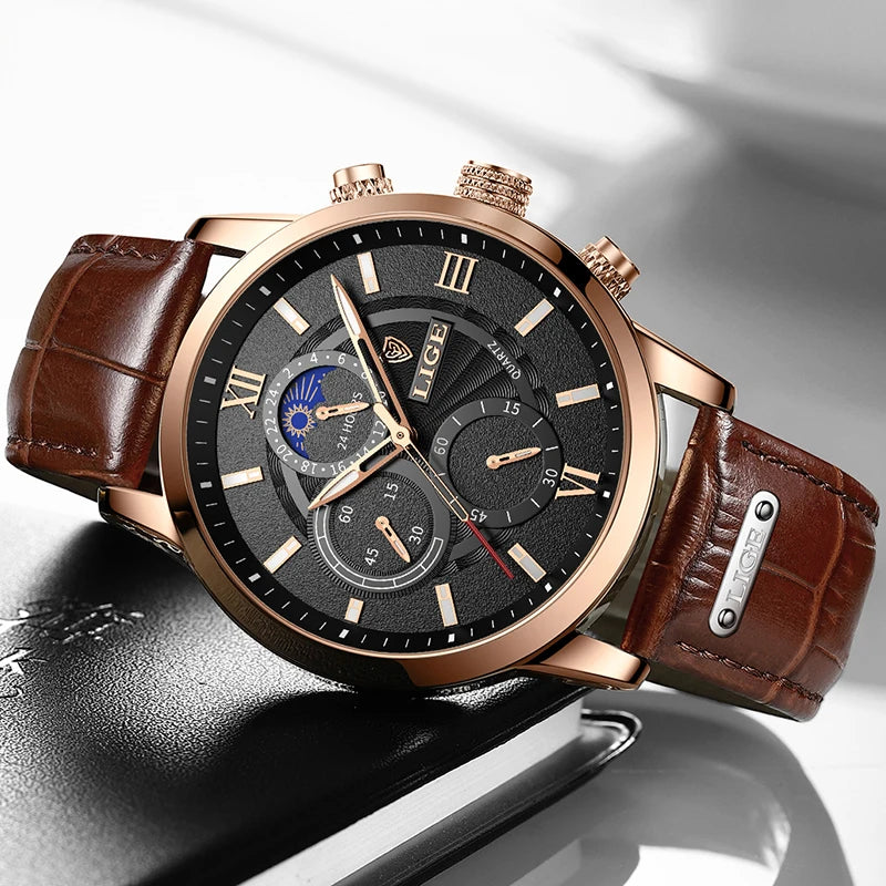 LIGE New Mens Watches Top Brand Luxury Brown Leather Casual Quartz Watch Men Sport Waterproof Clock Watch Relogio Masculino
