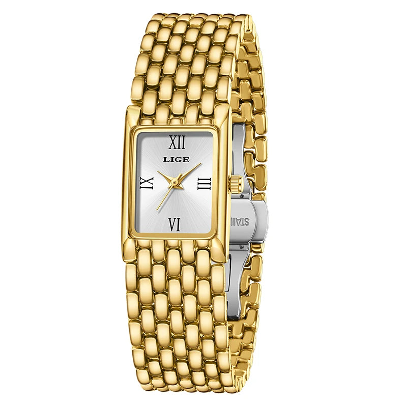 LIGE Gold Watch for Women Square Ladies Quartz Wristwatches Stainless Steel Women Small Gold Watch Luxury Casual Fashion Watch
