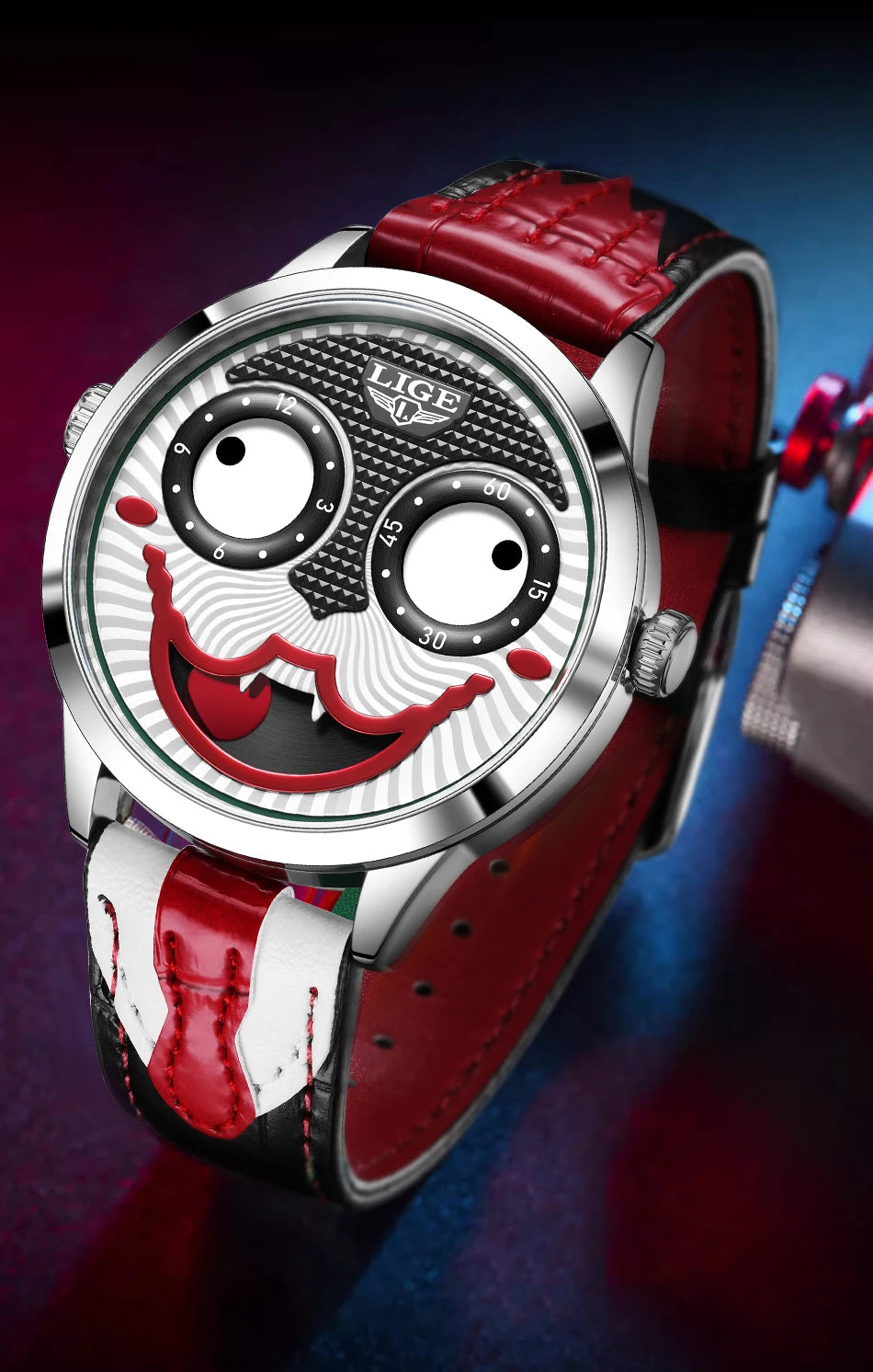 LIGE Creative Watches For Men Clown Fashion Quartz Wristwatches Waterproof Leather Strap Mens Watch Cool Joker Reloj Hombre