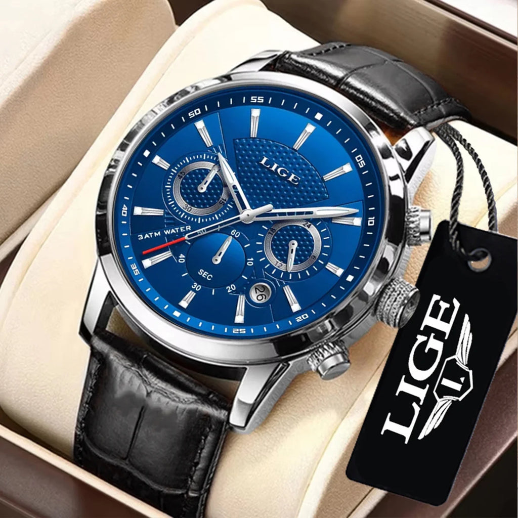 LIGE Mens Business Watches Luxury Waterproof Sport Man Watch Chronograph Genuine Leather Men Quartz Wristwatch Relogio Masculino
