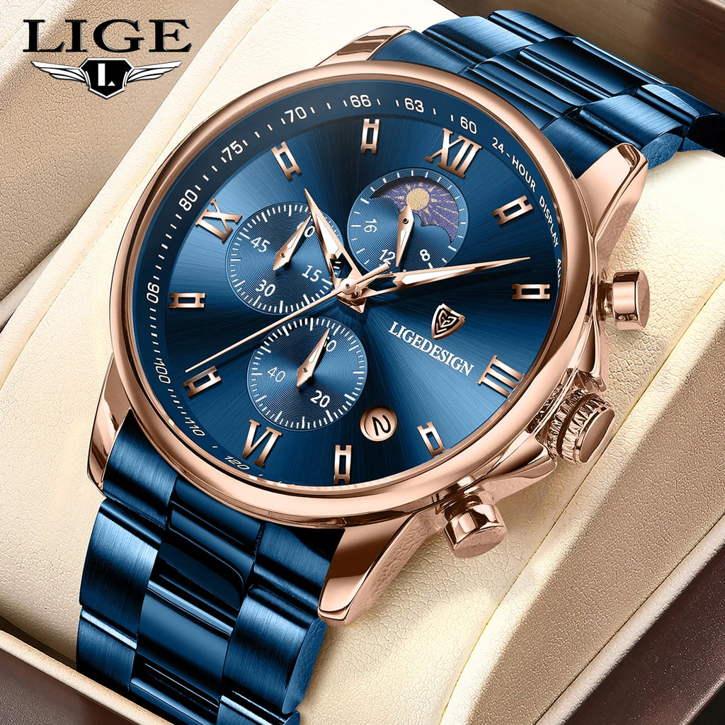 LIGE Band Luxury Watch for Man Quartz Sports Men Watch Waterproof Luminous Stainless Steel Chronograph Men's Watches Clock Reloj