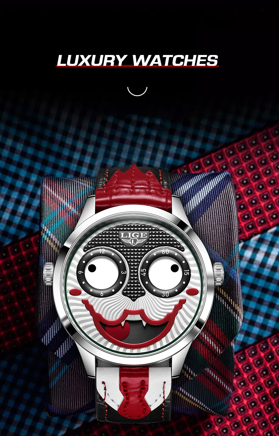 LIGE Creative Watches For Men Clown Fashion Quartz Wristwatches Waterproof Leather Strap Mens Watch Cool Joker Reloj Hombre