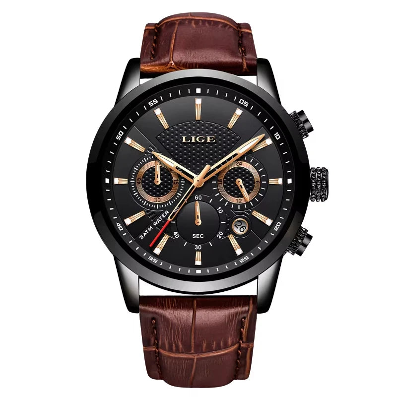 LIGE Mens Business Watches Luxury Waterproof Sport Man Watch Chronograph Genuine Leather Men Quartz Wristwatch Relogio Masculino