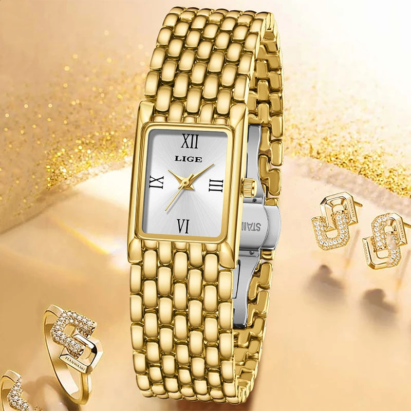 LIGE Watch Women Fashion Casual Luxury Womens Waterproof Square Dial Steel Belt Quartz Wrist Watches Christmas Gifts Reloj Mujer