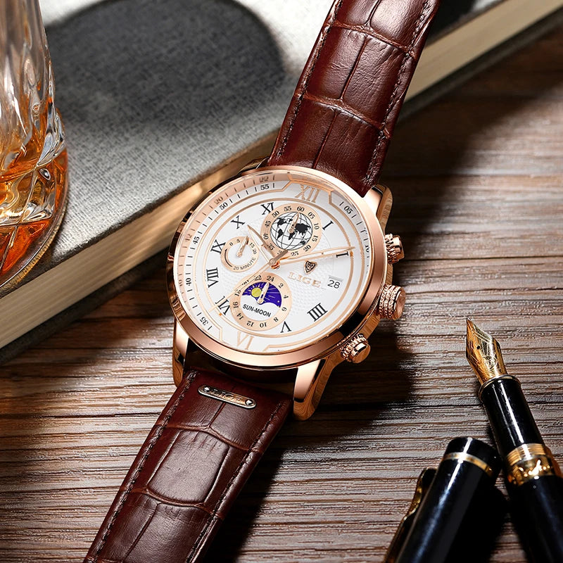LIGE Brand Luxury Mens Watch Business Fashion Quartz Wristwatch Sport Waterproof Luminous Leather Strap Watches Men Reloj hombre