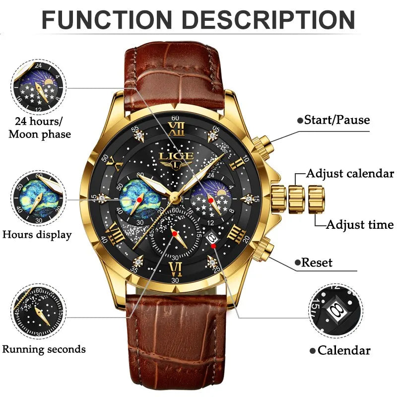 LIGE Top Luxury Brand Men Genuine Leather Sports Watches Men's Army Military Watch Male Date Quartz Clock Relogio Masculino