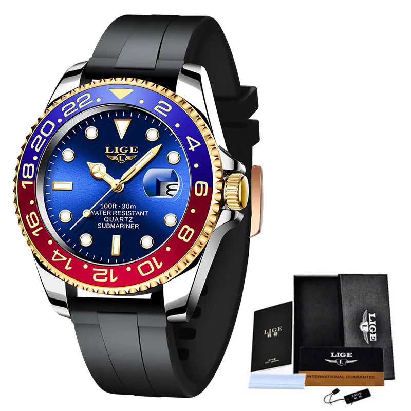 LIGE  New Mens Watches Top Brand Luxury Fashion Black Watch Men Luminous Waterproof Date Clock Sport Mens Quartz Wristwatch