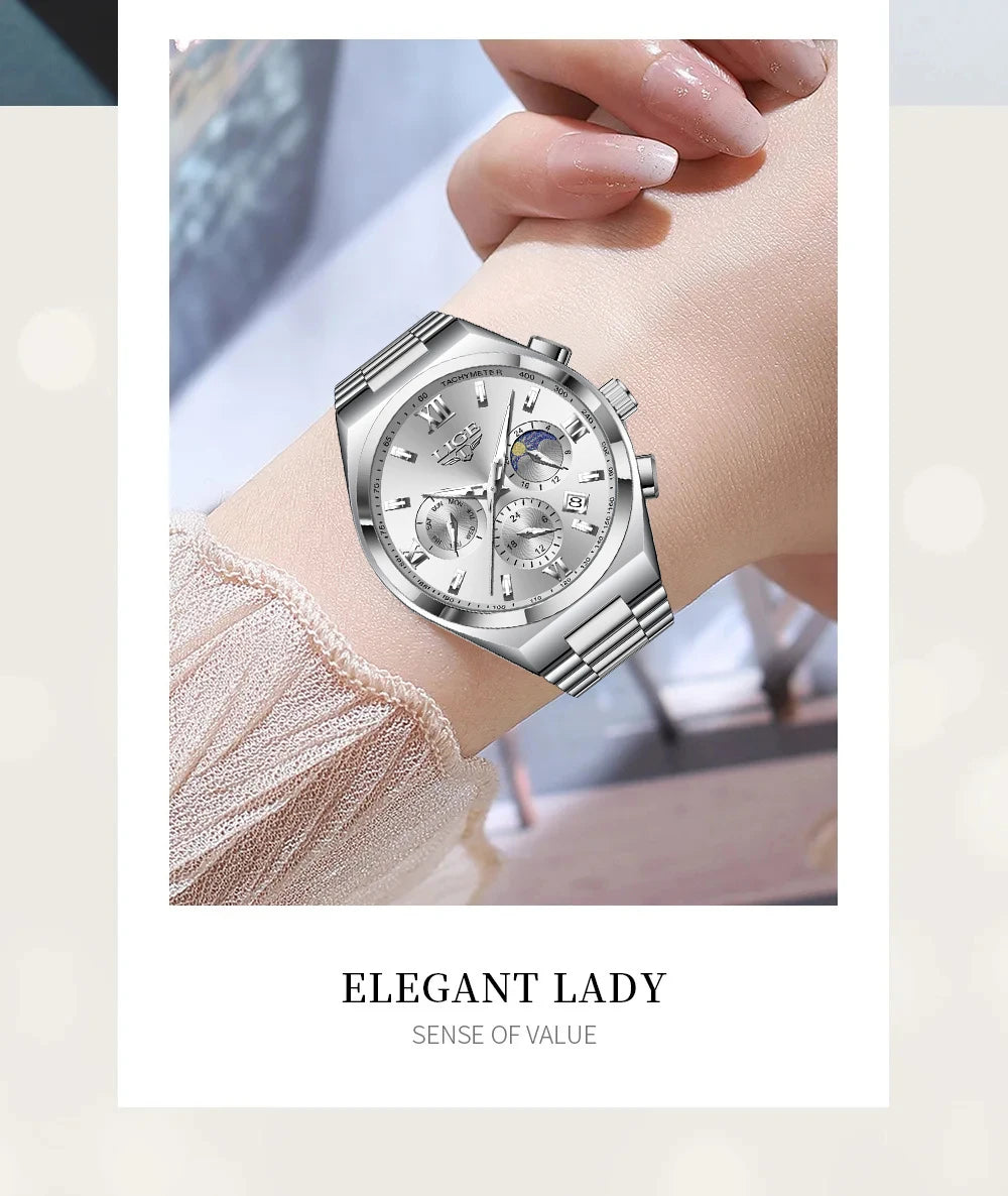LIGE Watches For Women Elegant Luminous Date Women's Quartz Watches Stainless Steel Sports Waterproof Bracelet Watch Women Gift