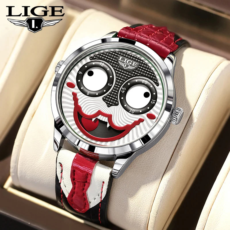 LIGE Creative Watches For Men Clown Fashion Quartz Wristwatches Waterproof Leather Strap Mens Watch Cool Joker Reloj Hombre