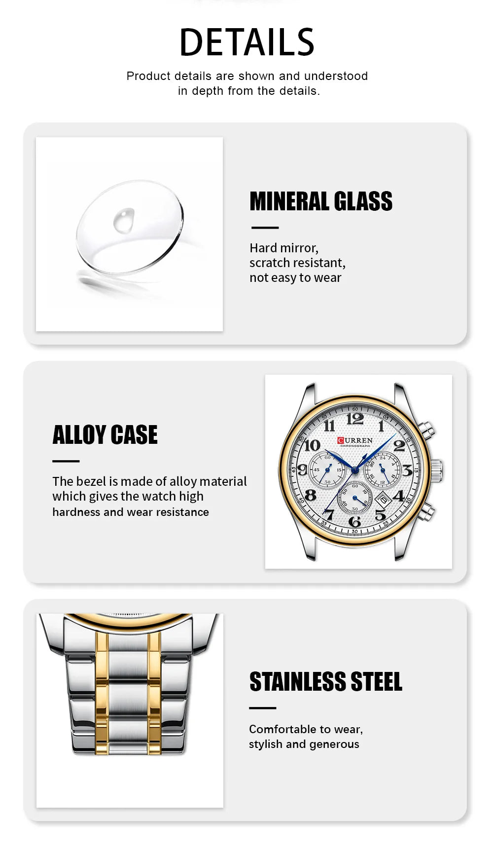 CURREN Men's Watches Luxury Brand Quartz Wristwatch - Chronograph Round Dial with Auto Date, Waterproof