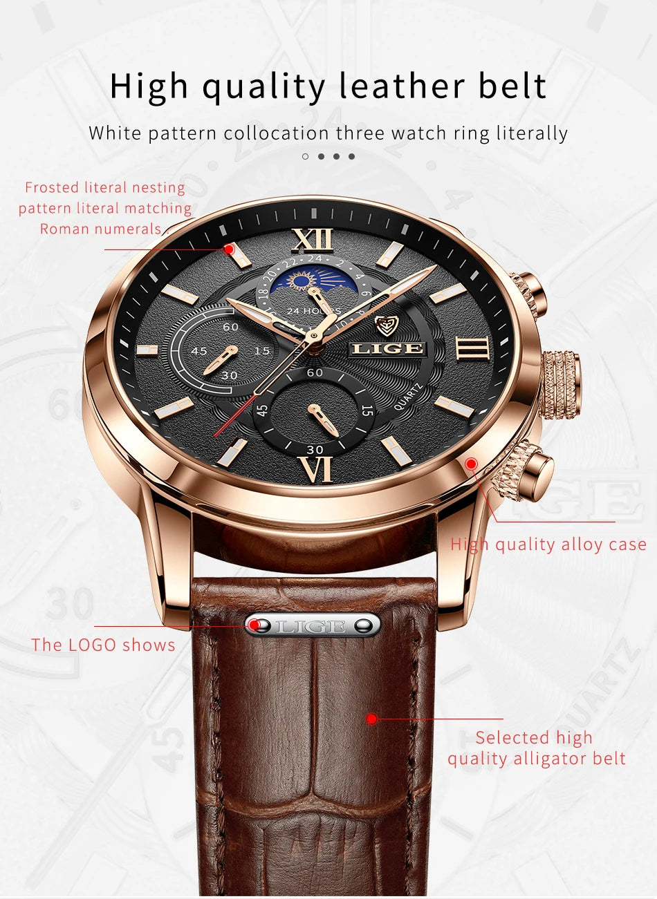 LIGE 2024 New Mens Watches Top Brand Luxury Brown Leather Casual Quartz Watch Men Sport Waterproof Clock Watch Relogio Masculino