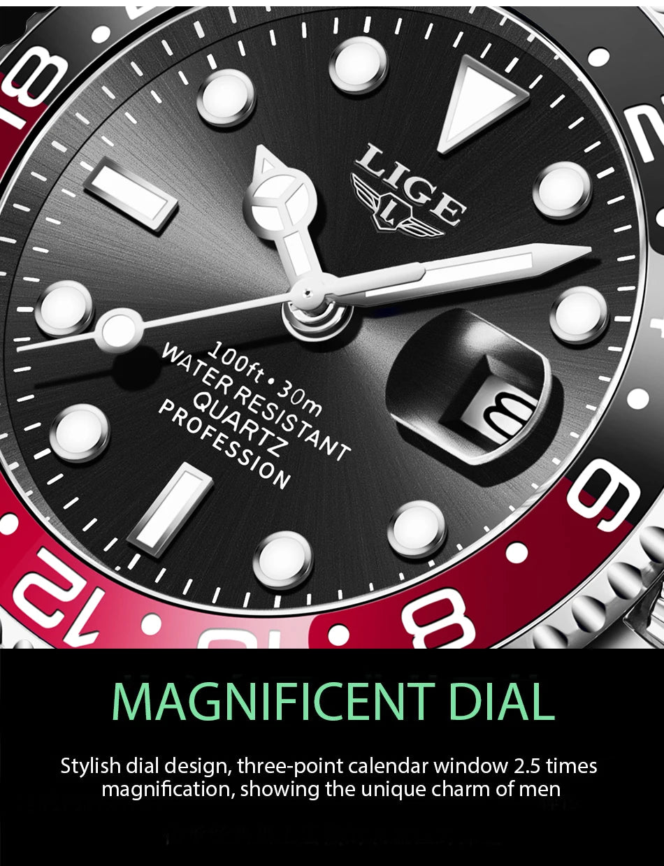 LIGE New Mens Watches Top Brand Luxury Fashion Black Watch Men Luminous Waterproof Date Clock Sport Mens Quartz Wristwatch