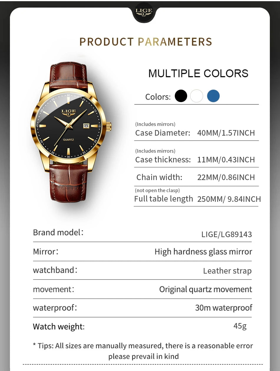 LIGE Mens Watches Top Brand Luxury Military Quartz Watch for Men Fashion Leather Waterproof Sports Chronograph Montre Homme+BOX