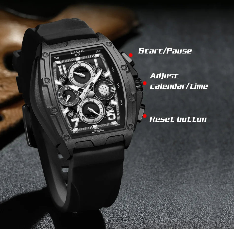 LIGE  Luxury Men‘s Watches Business Waterproof Male Clock Luminous Silicone Band Date Square Quartz Man Watches Reloj Hombre