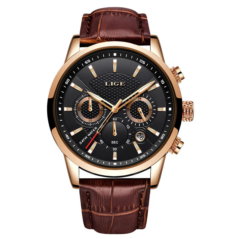 LIGE Watches Men 2025 Top Brand Luxury Casual Leather Quartz Men Watch Man Business Clock Male Sport Waterproof Date Chronograph