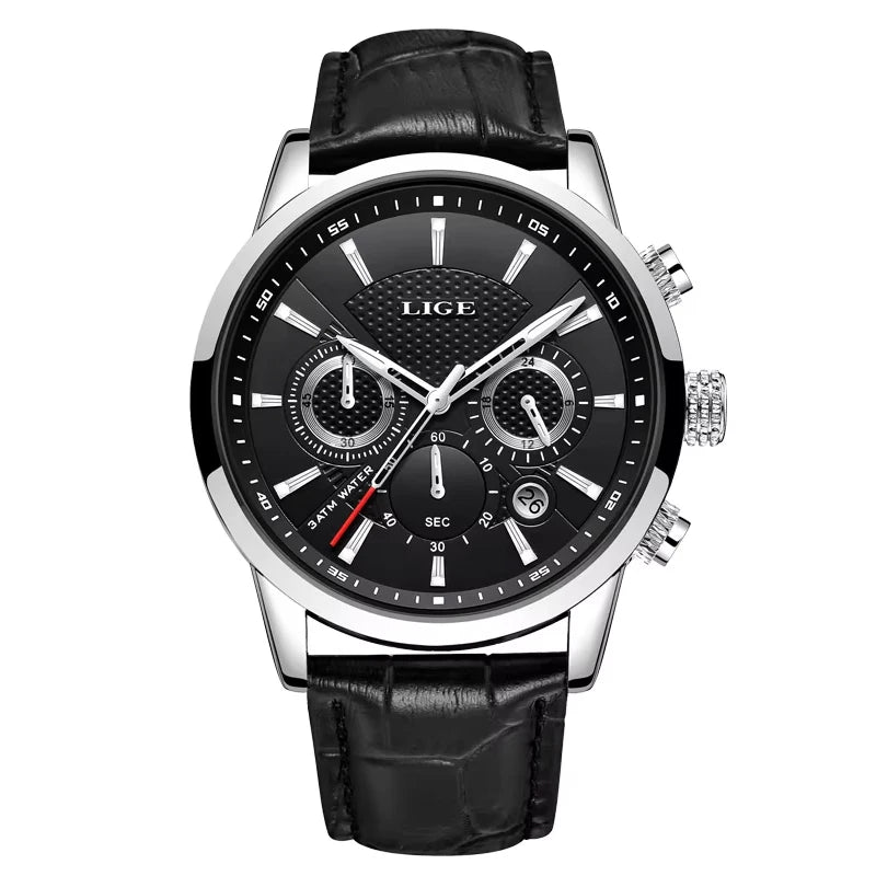 LIGE Mens Business Watches Luxury Waterproof Sport Man Watch Chronograph Genuine Leather Men Quartz Wristwatch Relogio Masculino