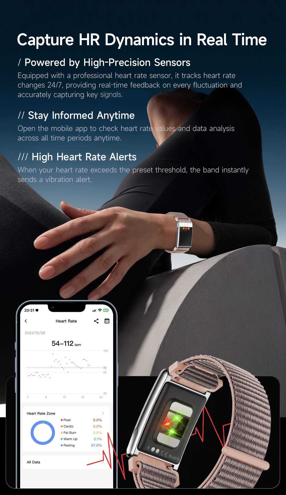 LIGE ECG Smart Watch for Men  Women Sports Fitness Temperature Health Monitoring Waterproof Wristbands No Screen Smart Bracelet